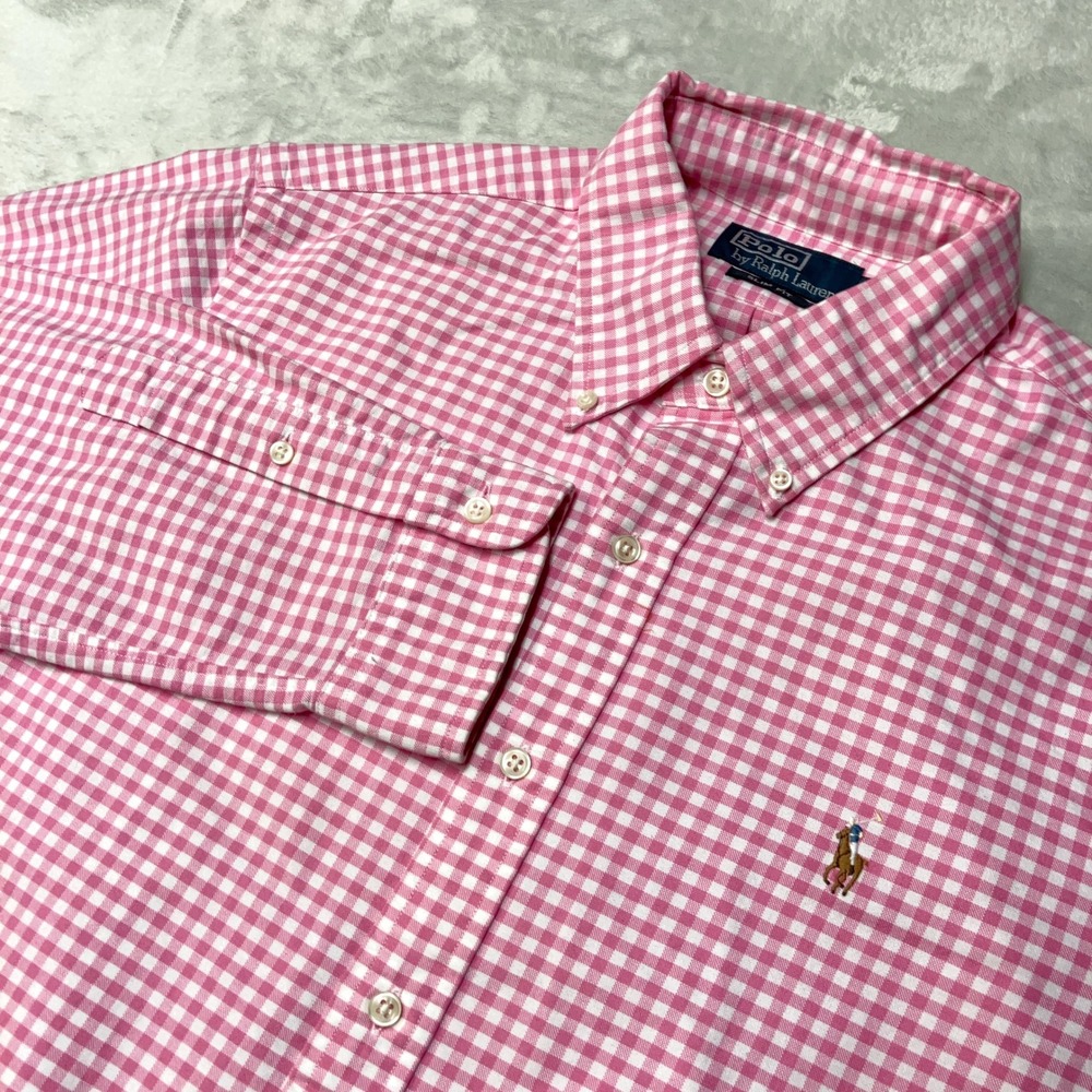 Polo Ralph Lauren Button Down Shirt Pink Gingham Check Flesh Pony Slim Fit Men L